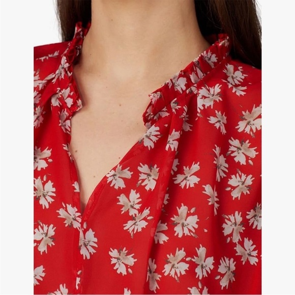 Derek Lam Flutter Cuff Tie Waist Red Floral Blouse size 6 - Picture 3 of 7